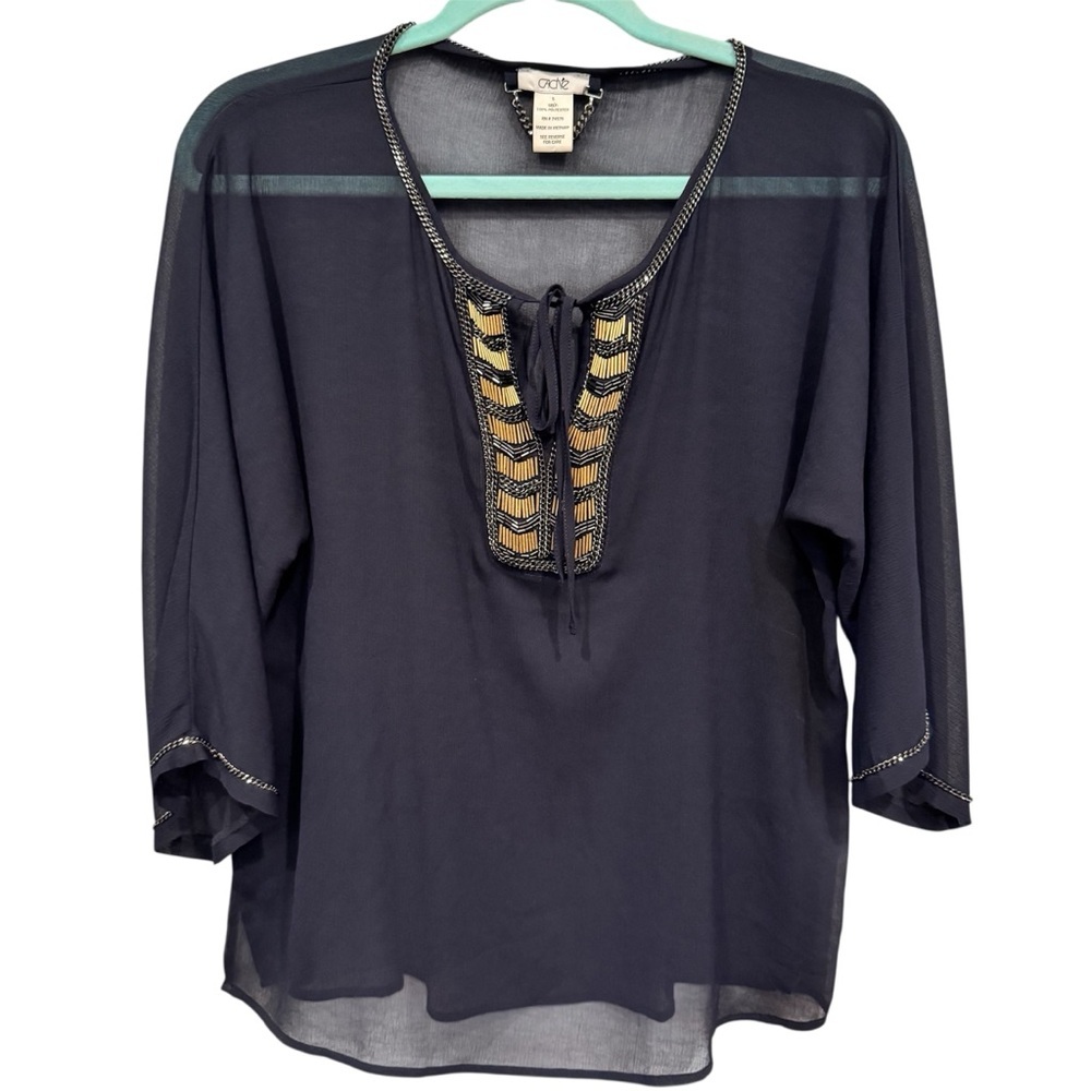 Cache Sheer Blouse in Navy w/Gold and Silver Beading Size S